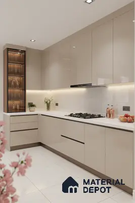 Modern kitchen with high gloss beige laminate cabinets, white quartz countertop, and marble look floor tiles in Bengaluru