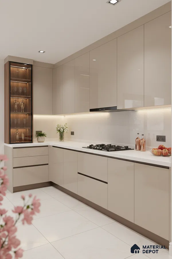 Modern kitchen with high gloss beige laminate cabinets, white quartz countertop, and marble look floor tiles in Bengaluru
