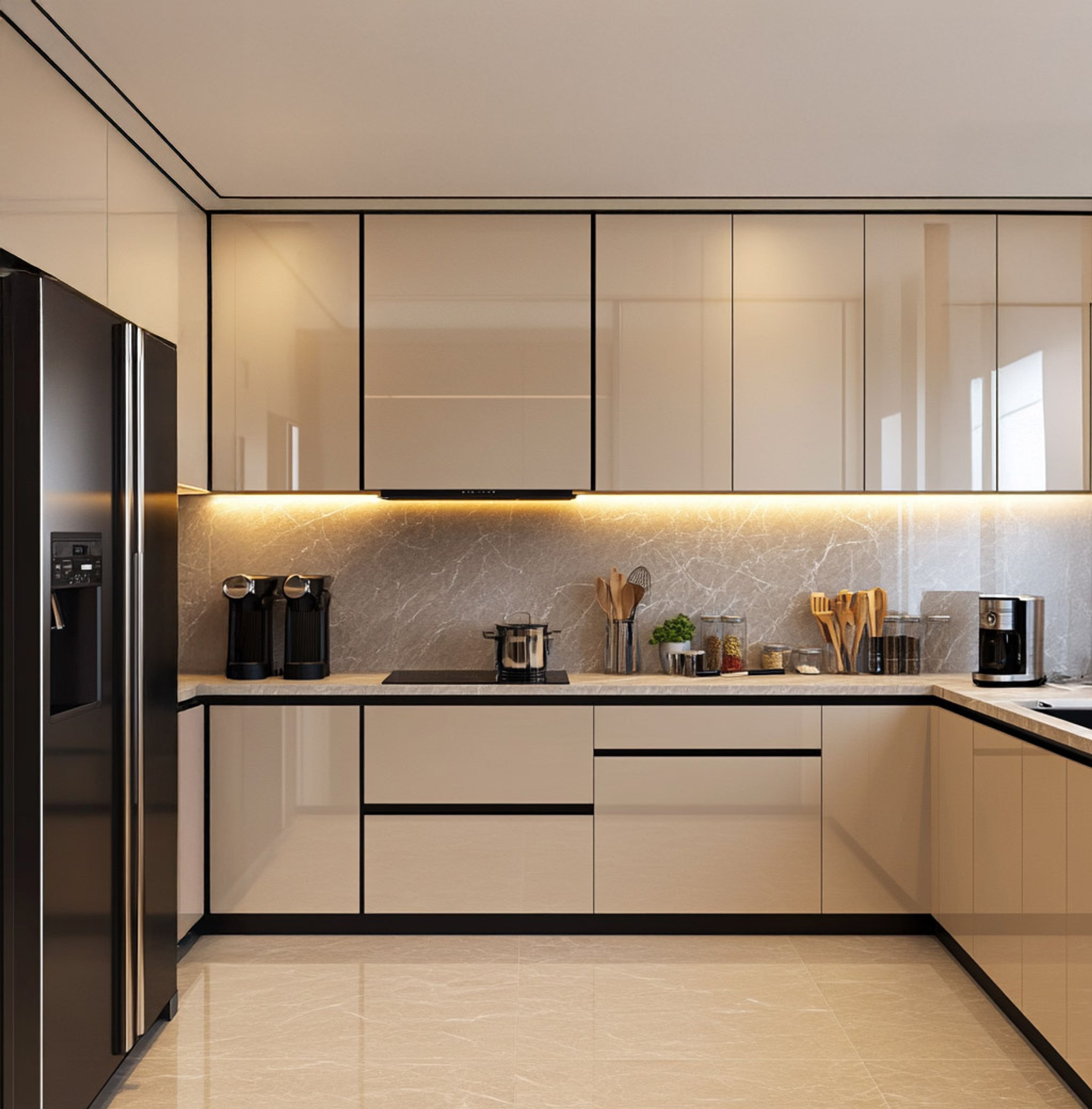 Modern kitchen with high gloss beige laminate, grey marble backsplash, and beige marble floor tiles in Bengaluru | Material Depot
