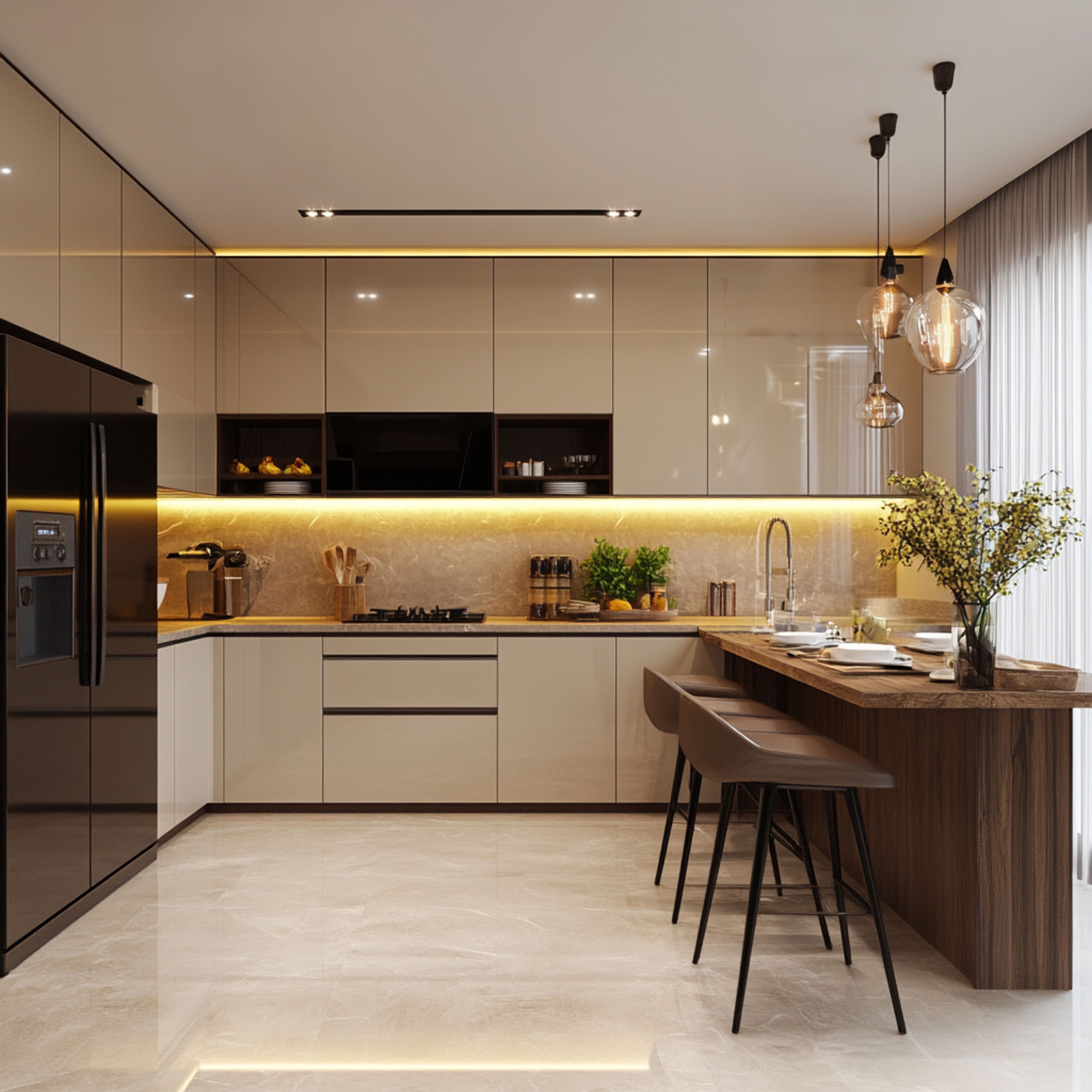 Modern kitchen with high gloss beige laminate, marble backsplash, and walnut wood breakfast counter in Bengaluru | Material Depot