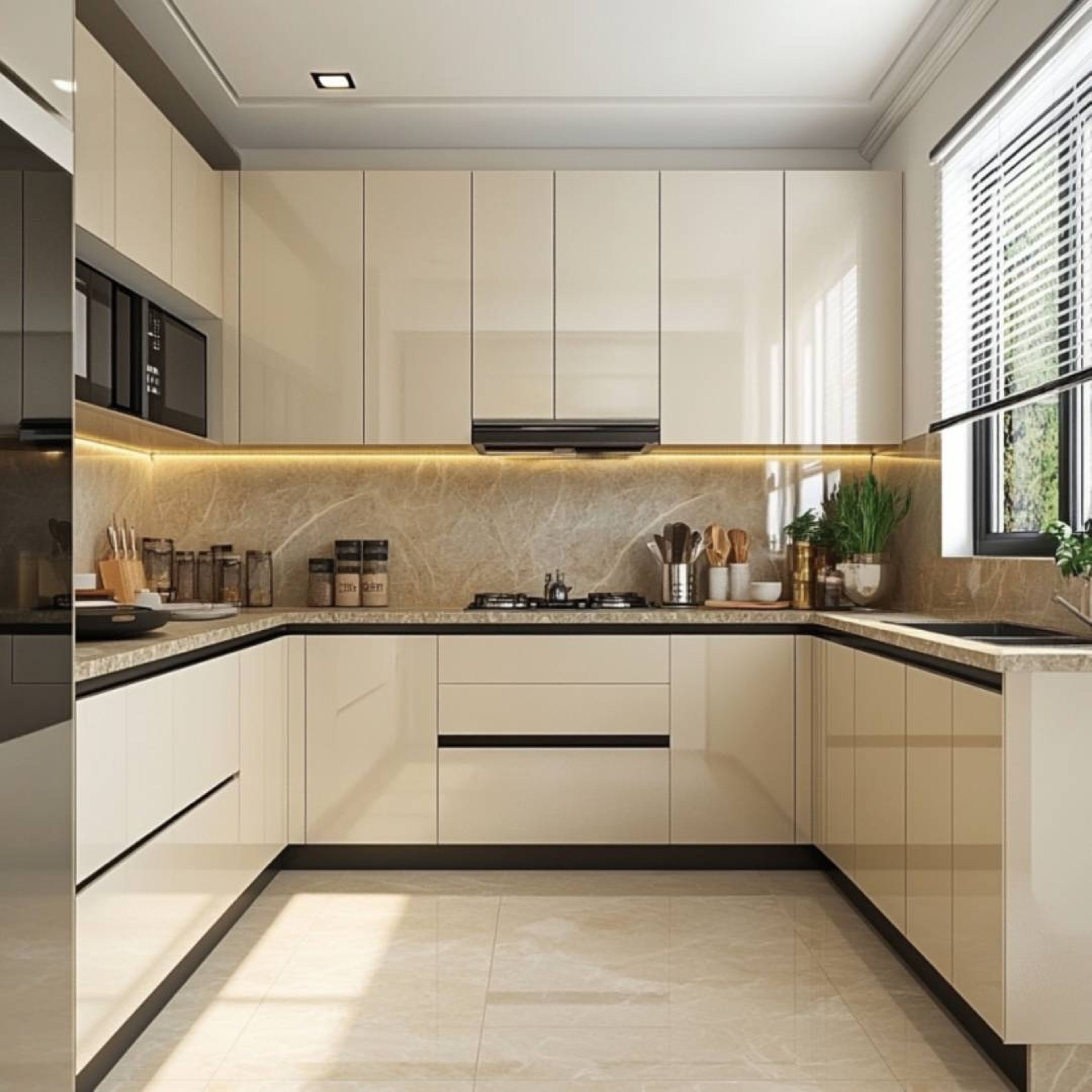 Modern kitchen with high gloss beige laminate, marble-look backsplash, and beige floor tiles in Bengaluru | Material Depot