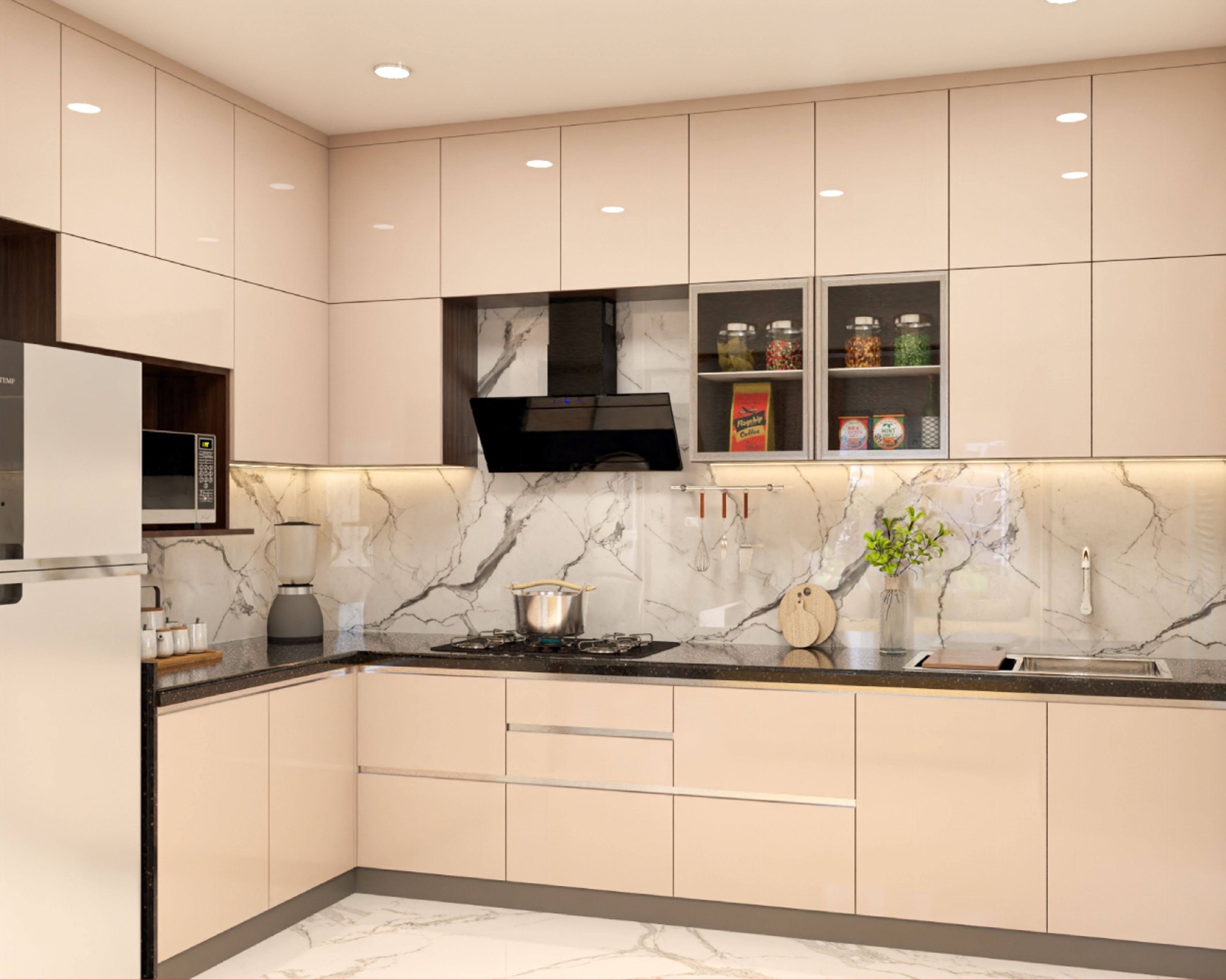 Modern kitchen with high gloss beige laminate, marble-look backsplash, and marble floor tiles in Bengaluru | Material Depot