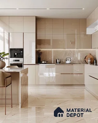 Modern kitchen with high gloss beige laminate, marble-look backsplash, and polished marble floor tiles in Bengaluru | Material Depot