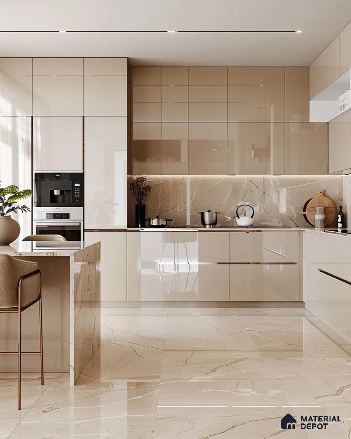 Modern kitchen with high gloss beige laminate, marble-look backsplash, and polished marble floor tiles in Bengaluru | Material Depot