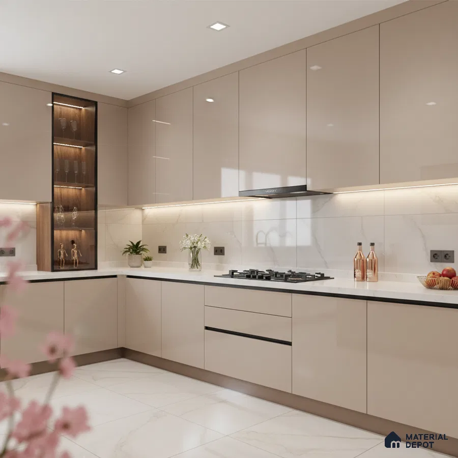 Modern kitchen with high gloss beige laminate, white marble-look backsplash, and white marble floor tiles in Bengaluru