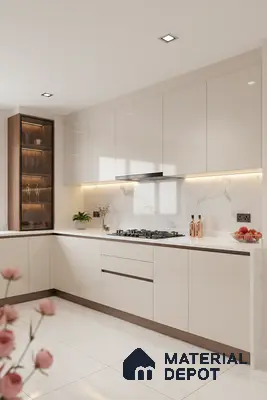 Modern kitchen with high gloss beige laminate, white marble-look backsplash, and white quartz countertop in Bengaluru