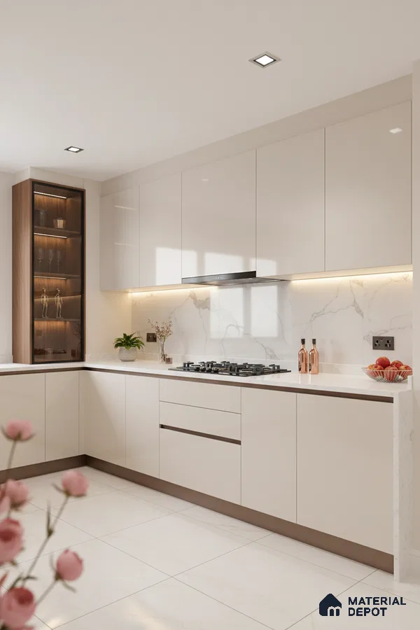 Modern kitchen with high gloss beige laminate, white marble-look backsplash, and white quartz countertop in Bengaluru