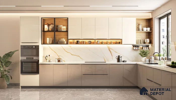 Modern kitchen with high gloss beige laminate, white marble-look backsplash, and wood open shelving in Bengaluru | Material Depot