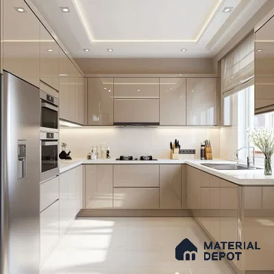 Modern kitchen with high gloss beige laminate, white quartz countertop, and beige floor tiles in Bengaluru | Material Depot
