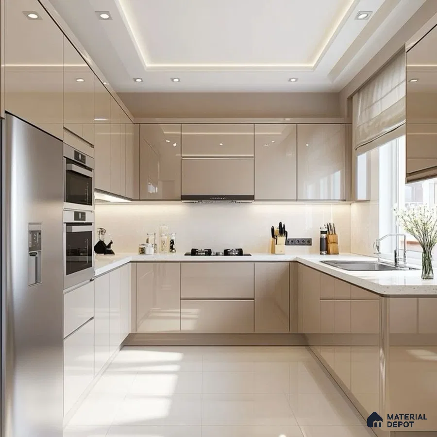 Modern kitchen with high gloss beige laminate, white quartz countertop, and beige floor tiles in Bengaluru | Material Depot