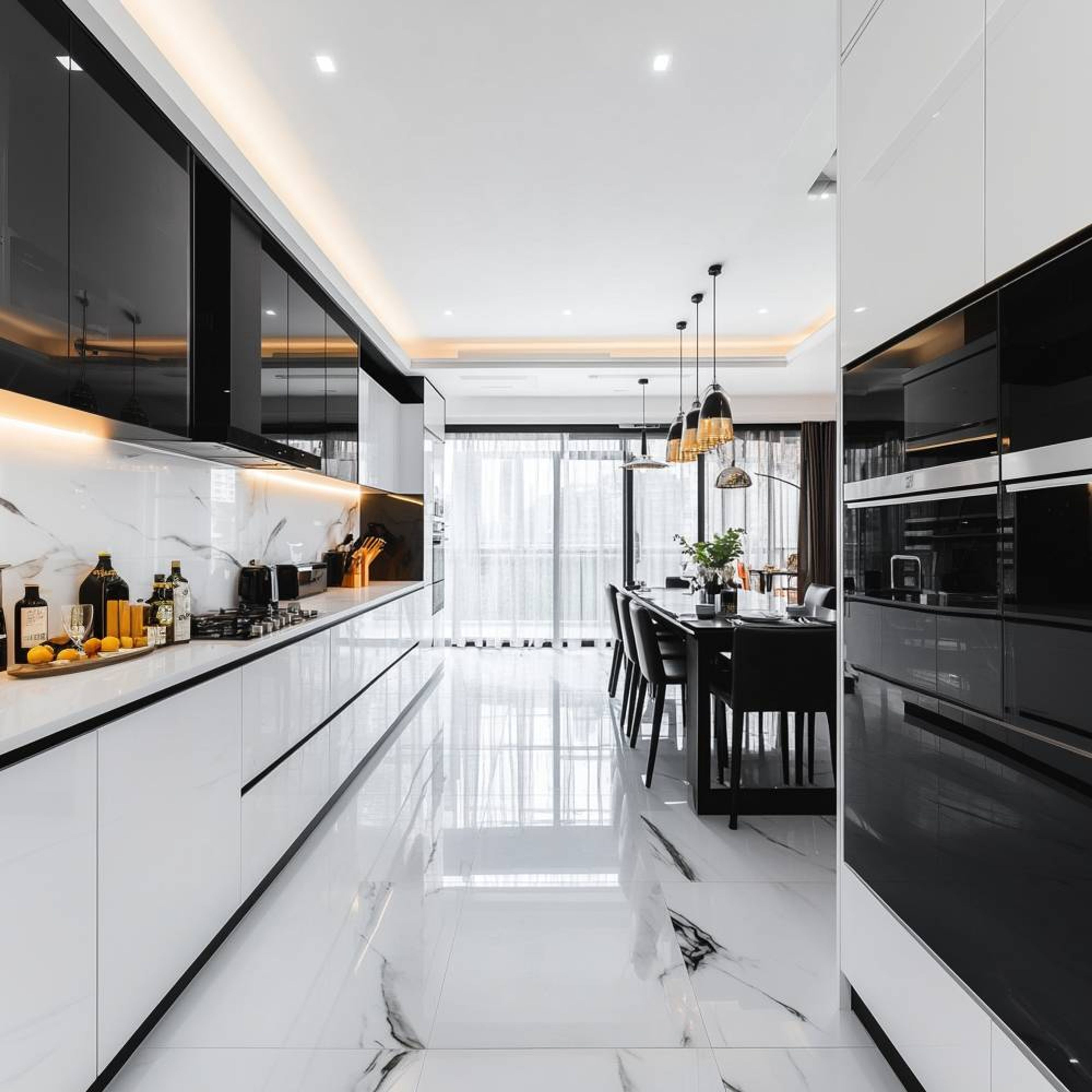 Modern kitchen with high gloss black and white laminate, marble-look backsplash and floor tiles in Bengaluru | Material Depot