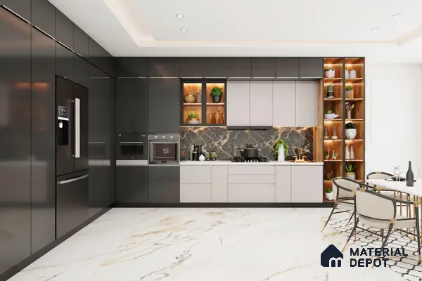Modern kitchen with high gloss grey and white laminate, black marble backsplash, and marble-look floor tiles in Bengaluru | Material Depot