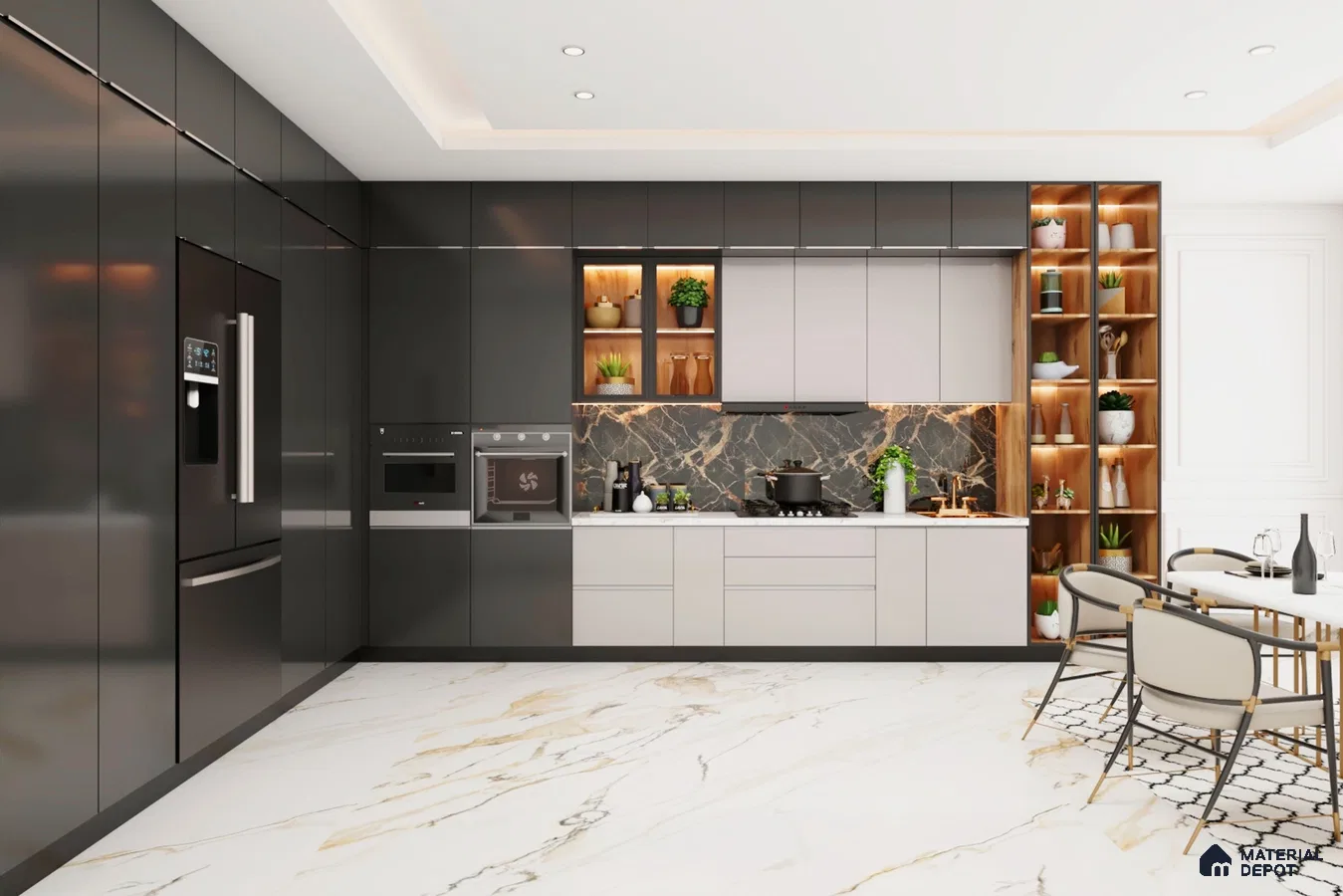 Modern kitchen with high gloss grey and white laminate, black marble backsplash, and marble-look floor tiles in Bengaluru | Material Depot