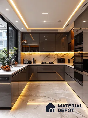 Modern kitchen with high gloss taupe laminate, marble-look backsplash, and marble floor tiles in Bengaluru | Material Depot
