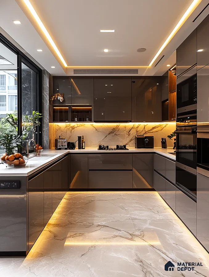 Modern kitchen with high gloss taupe laminate, marble-look backsplash, and marble floor tiles in Bengaluru | Material Depot