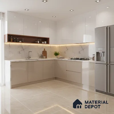 Modern kitchen with high gloss white and beige laminate, marble-look backsplash, and beige marble floor tiles in Bengaluru