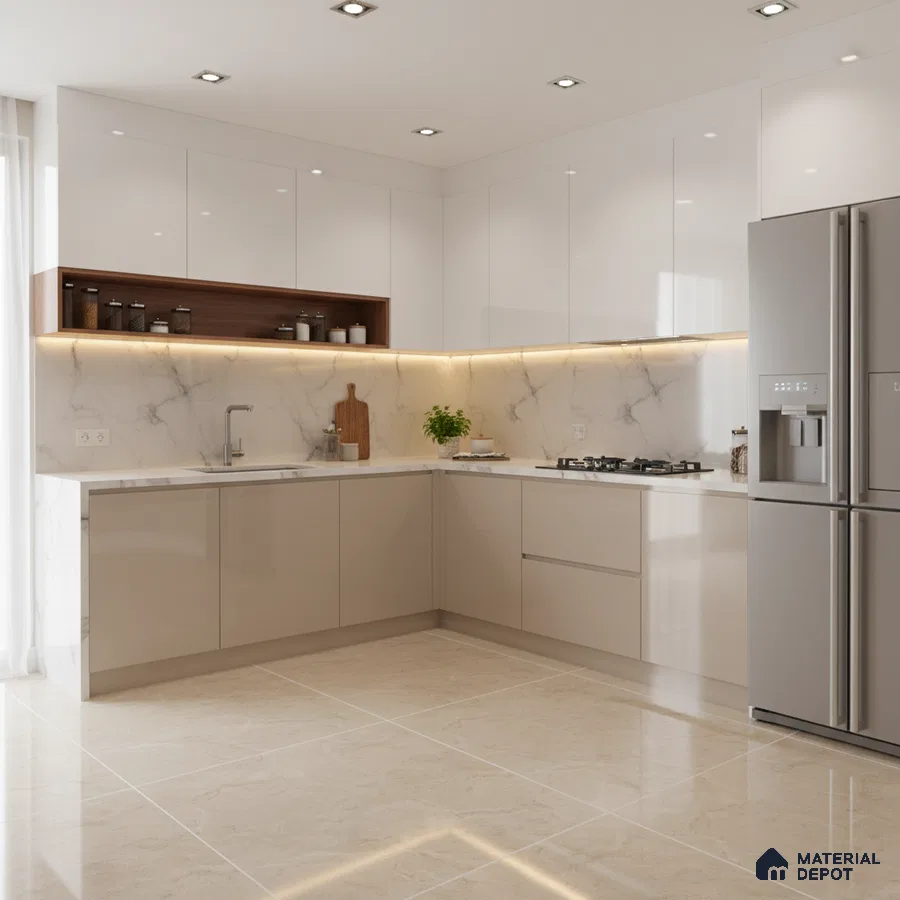 Modern kitchen with high gloss white and beige laminate, marble-look backsplash, and beige marble floor tiles in Bengaluru