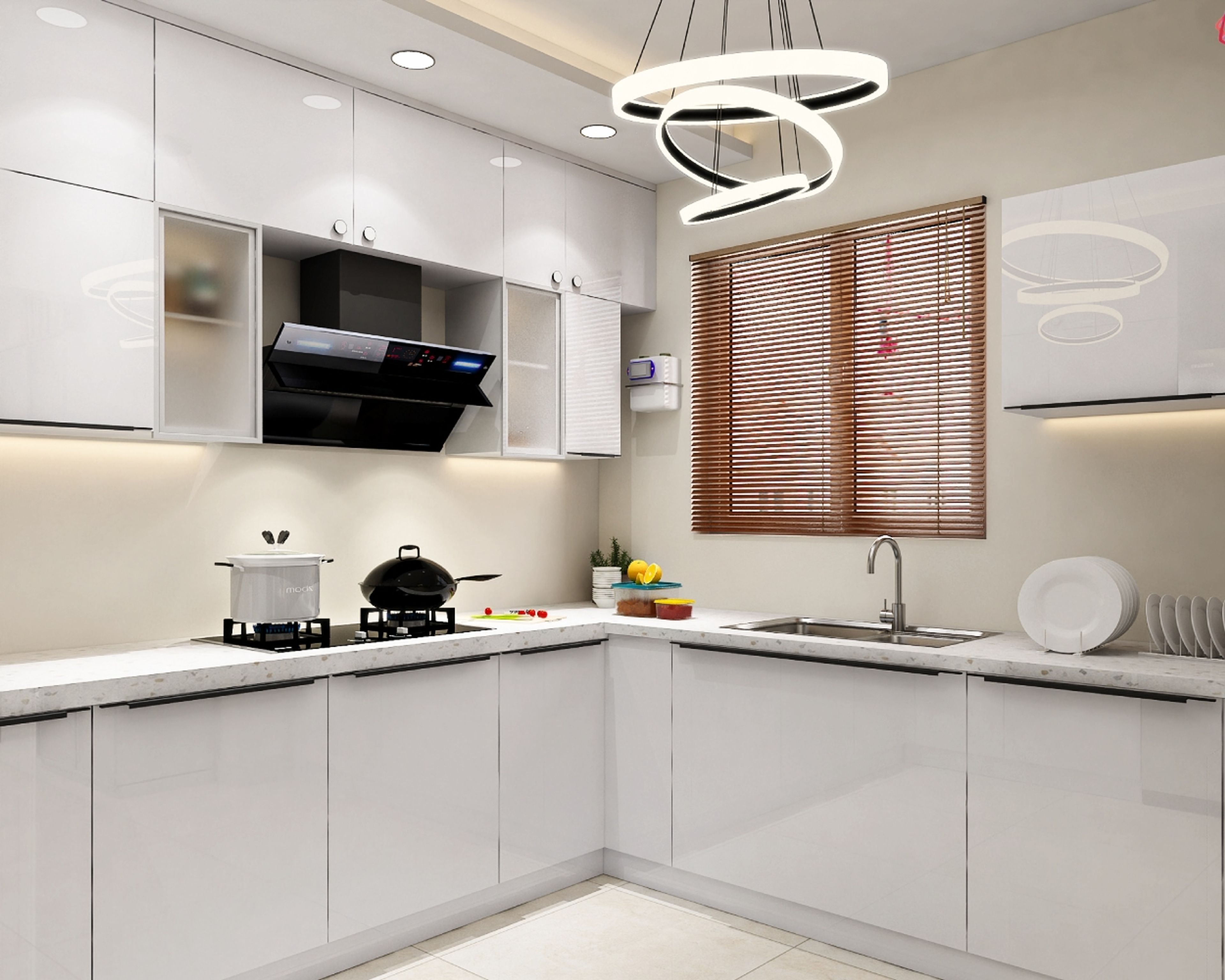 Modern kitchen with high gloss white laminate cabinets and white marble-look quartz countertop in Bengaluru | Material Depot