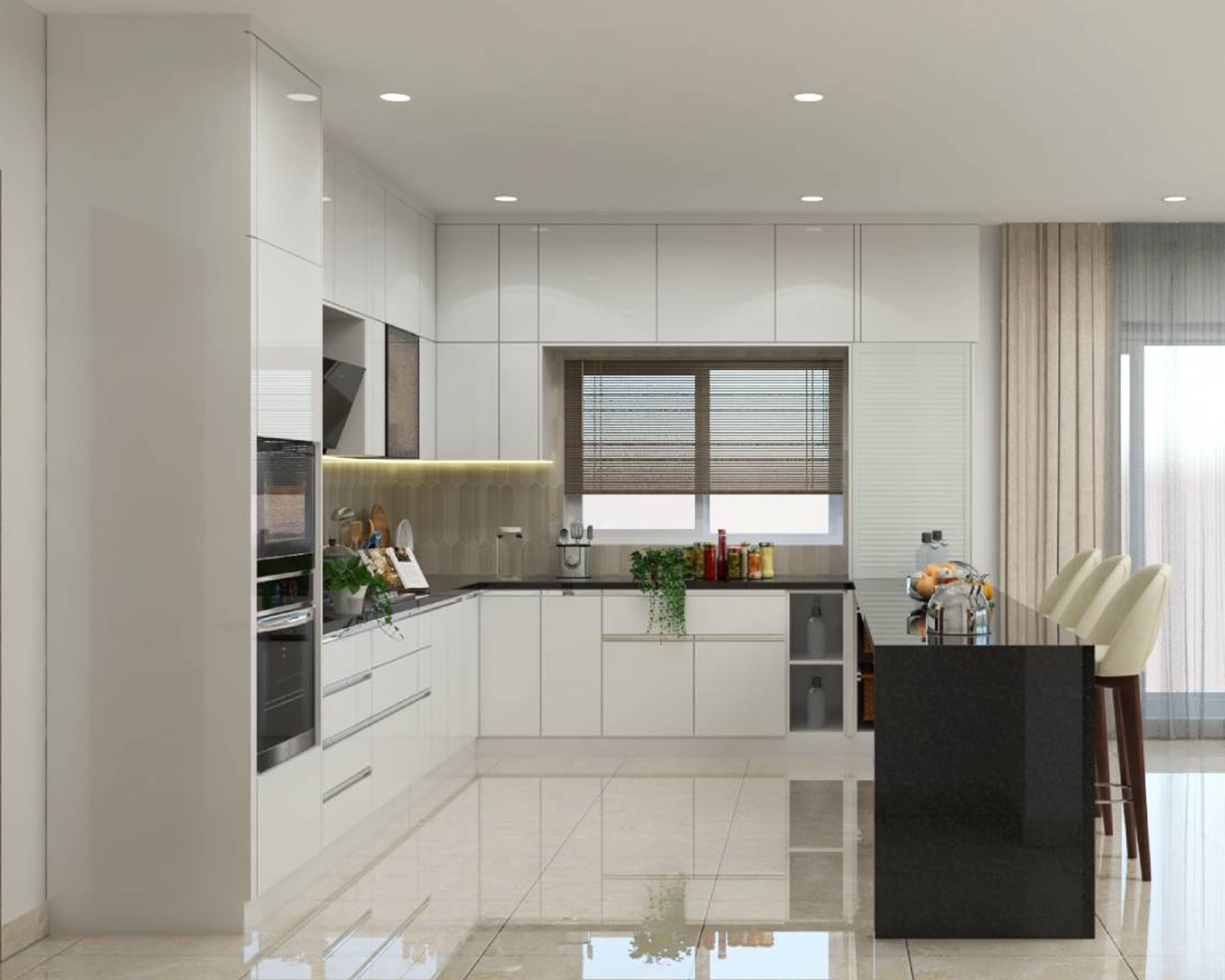 Modern kitchen with high gloss white laminate cabinets, black granite countertop, and beige marble floor tiles in Bengaluru | Material Depot