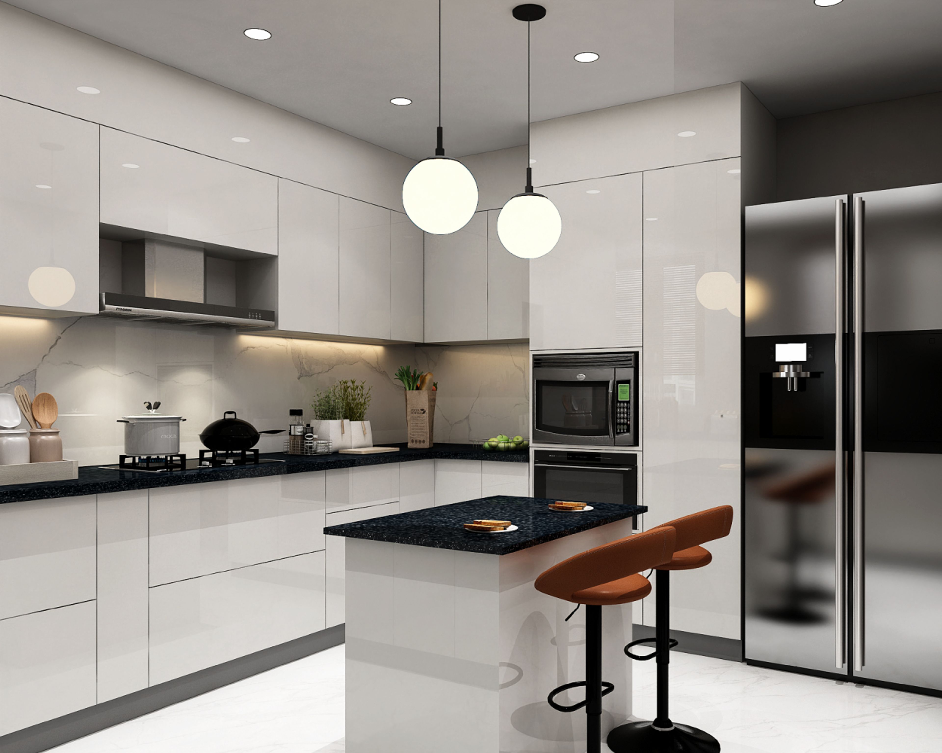 Modern kitchen with high gloss white laminate cabinets, black granite countertop, and marble-look backsplash in Bengaluru | Material Depot