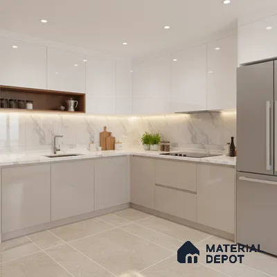 Modern kitchen with high gloss white laminate, marble-look backsplash, and beige floor tiles in Bengaluru