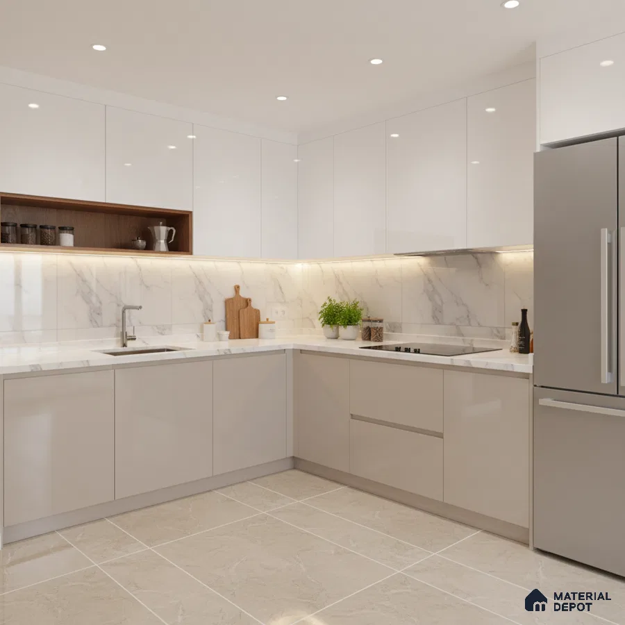 Modern kitchen with high gloss white laminate, marble-look backsplash, and beige floor tiles in Bengaluru