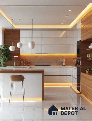 Modern kitchen with high gloss white laminate, walnut wood laminate, and white marble look floor tile in Bengaluru | Material Depot