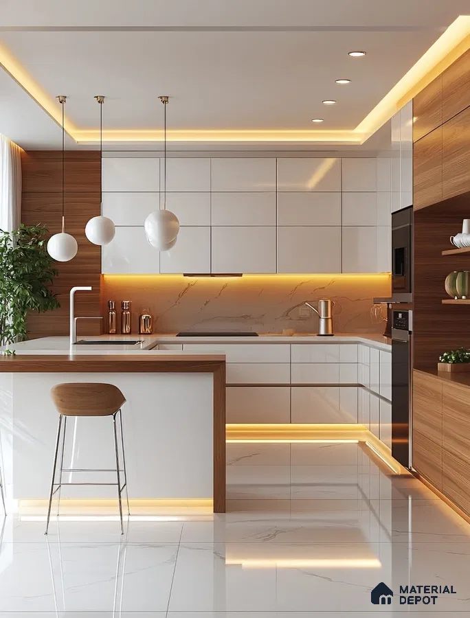 Modern kitchen with high gloss white laminate, walnut wood laminate, and white marble look floor tile in Bengaluru | Material Depot