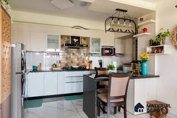Modern kitchen with light beige laminate cabinets, patterned tile backsplash, and marble-look floor tiles in Bengaluru | Material Depot