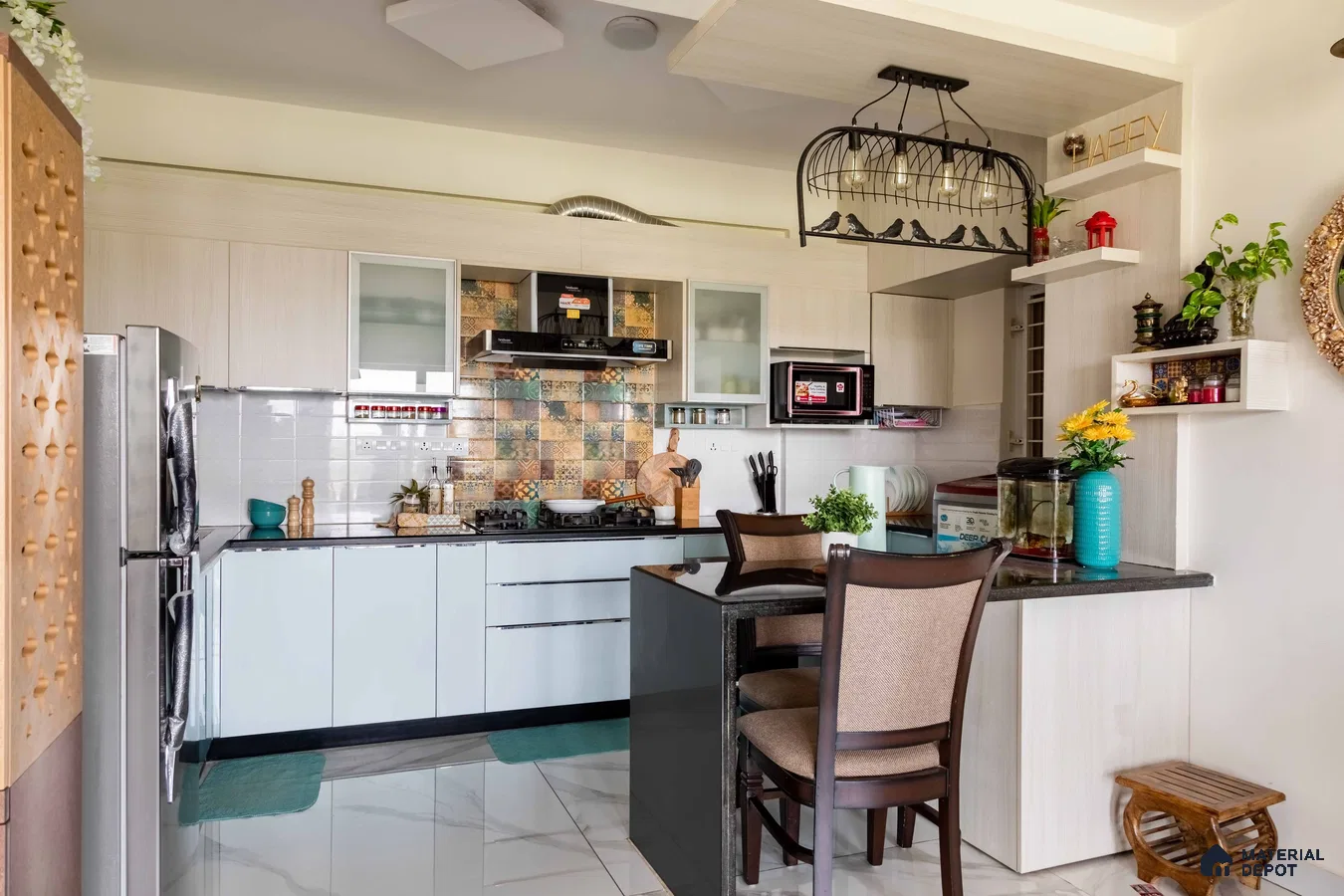 Modern kitchen with light beige laminate cabinets, patterned tile backsplash, and marble-look floor tiles in Bengaluru | Material Depot
