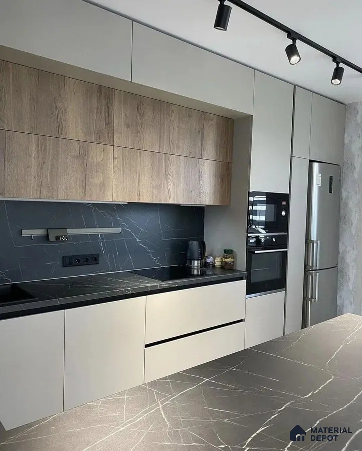 Modern kitchen with light beige laminate, oak wood laminate, and black marble-look countertop in Bengaluru | Material Depot
