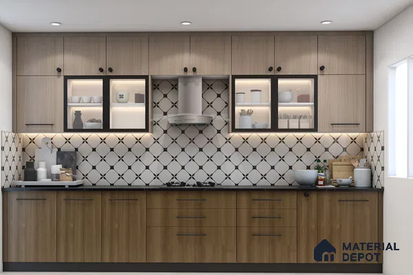 Modern kitchen with light oak and walnut laminate cabinets, black quartz countertop, and geometric patterned backsplash tiles in Bengaluru | Material Depot