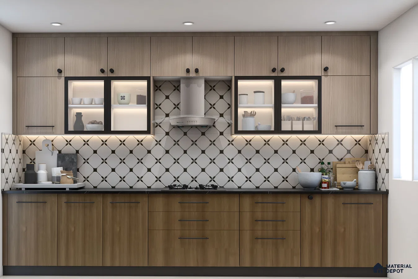 Modern kitchen with light oak and walnut laminate cabinets, black quartz countertop, and geometric patterned backsplash tiles in Bengaluru | Material Depot