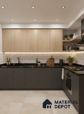 Modern kitchen with light oak laminate, black marble countertop, and white subway backsplash tiles in Bengaluru