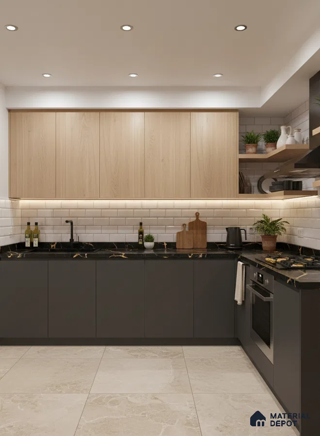 Modern kitchen with light oak laminate, black marble countertop, and white subway backsplash tiles in Bengaluru