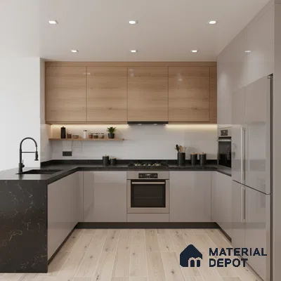 Modern kitchen with light oak laminate, glossy beige laminate, and black marble countertop in Bengaluru