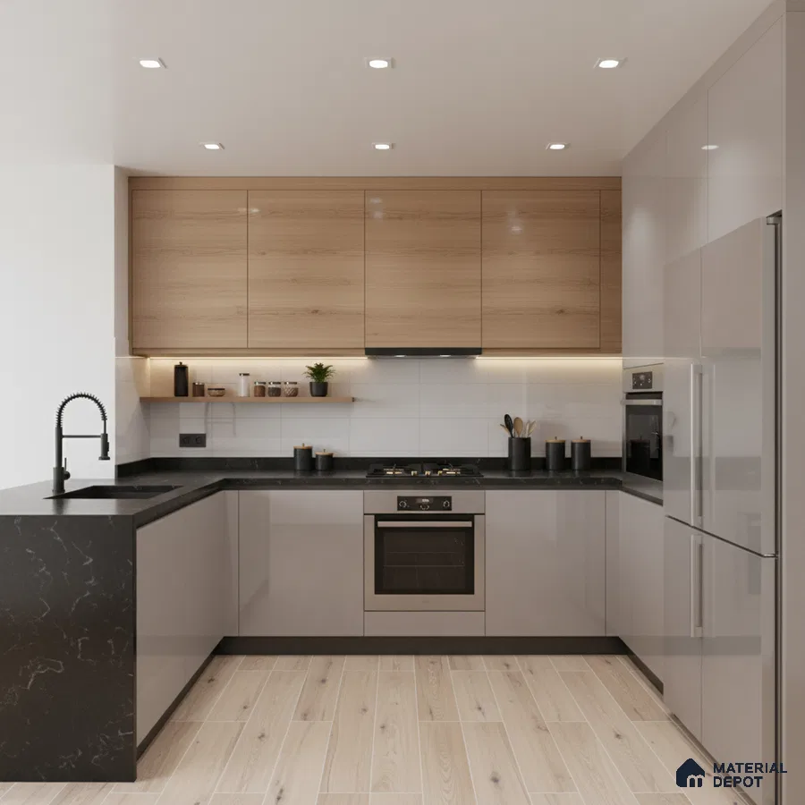 Modern kitchen with light oak laminate, glossy beige laminate, and black marble countertop in Bengaluru