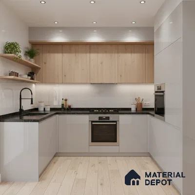 Modern kitchen with light oak laminate, glossy white laminate, and black granite countertop in Bengaluru