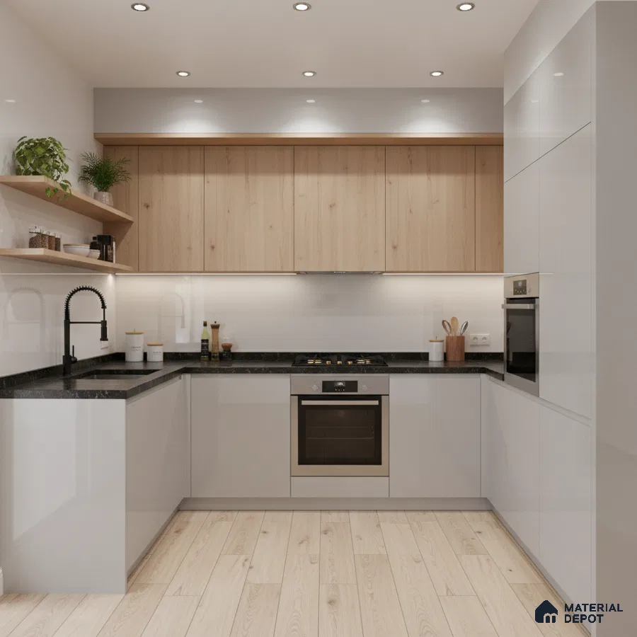 Modern kitchen with light oak laminate, glossy white laminate, and black granite countertop in Bengaluru