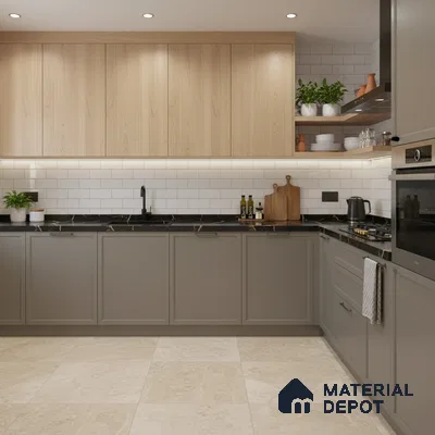 Modern kitchen with light oak laminate, grey matte laminate, black marble countertop, and subway backsplash tiles in Bengaluru