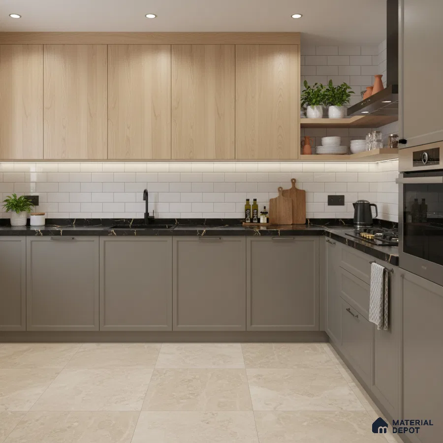 Modern kitchen with light oak laminate, grey matte laminate, black marble countertop, and subway backsplash tiles in Bengaluru