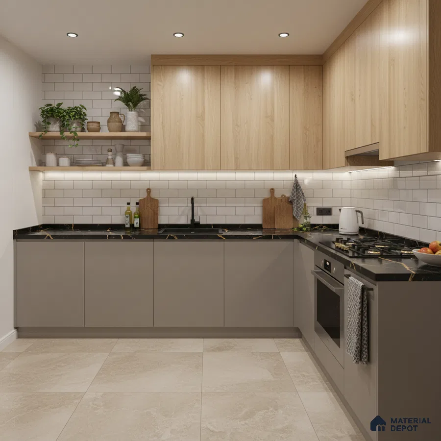 Modern kitchen with light oak laminate, grey matte laminate, black marble countertop, and white subway tile backsplash in Bengaluru