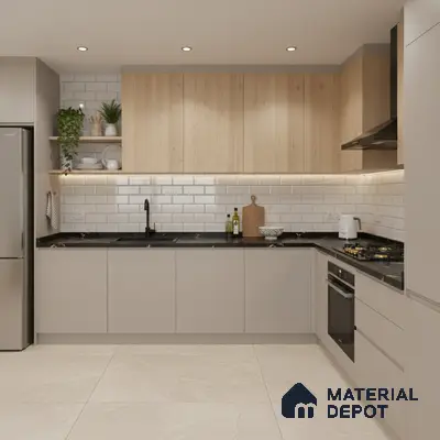 Modern kitchen with light oak laminate, grey matte laminate, black quartz countertop, and white subway backsplash tiles in Bengaluru