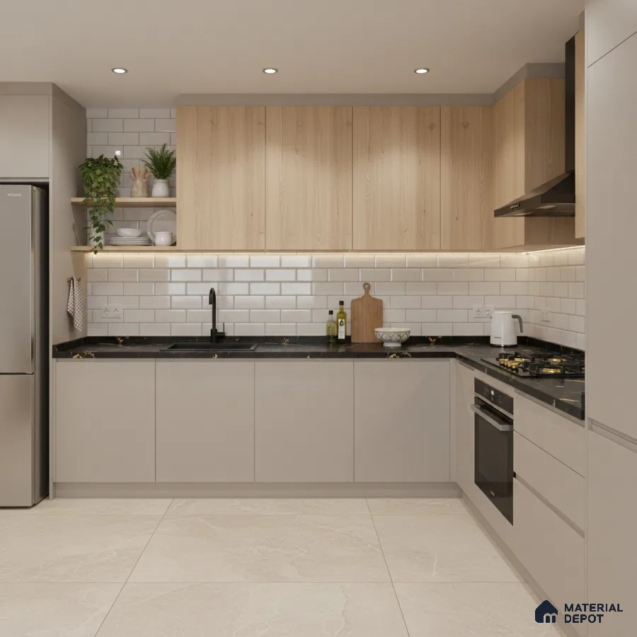 Modern kitchen with light oak laminate, grey matte laminate, black quartz countertop, and white subway backsplash tiles in Bengaluru