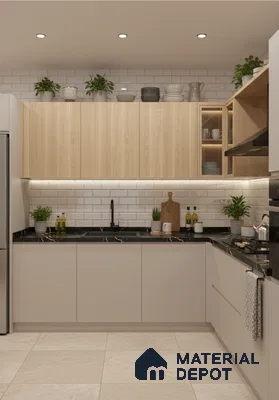 Modern kitchen with light oak laminate, white subway tile backsplash, and black marble countertop in Bengaluru