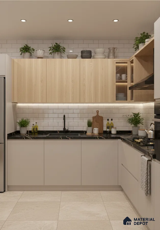 Modern kitchen with light oak laminate, white subway tile backsplash, and black marble countertop in Bengaluru