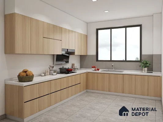 Modern kitchen with light oak wood laminate cabinets and white marble-look countertop in Bengaluru | Material Depot