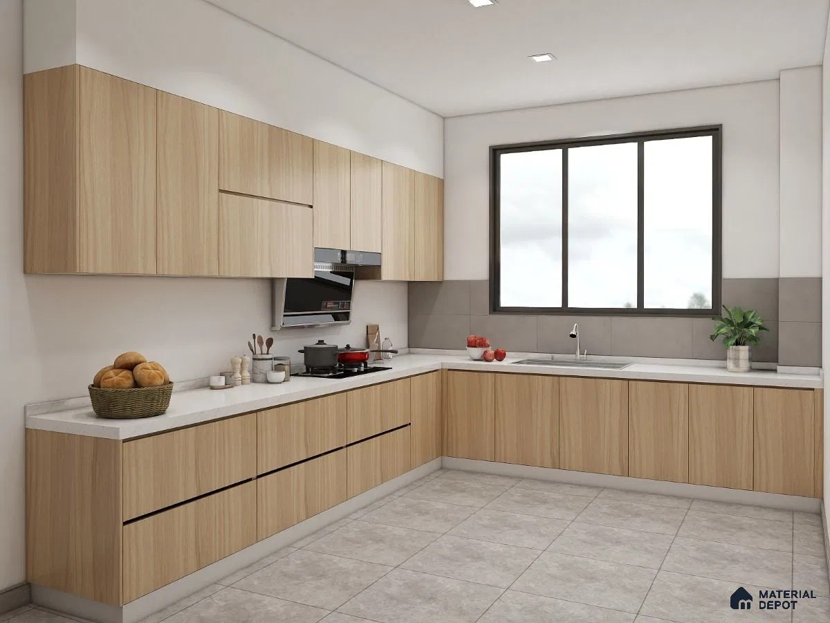 Modern kitchen with light oak wood laminate cabinets and white marble-look countertop in Bengaluru | Material Depot