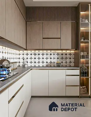 Modern kitchen with light oak wood laminate, frosty white laminate, and geometric patterned backsplash tiles in Purva-Riviera-Whitefield 3 BHK Bengaluru Apartment