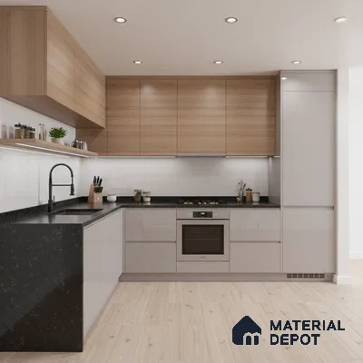 Modern kitchen with light oak wood laminate, glossy beige laminate, and black quartz countertop in Bengaluru